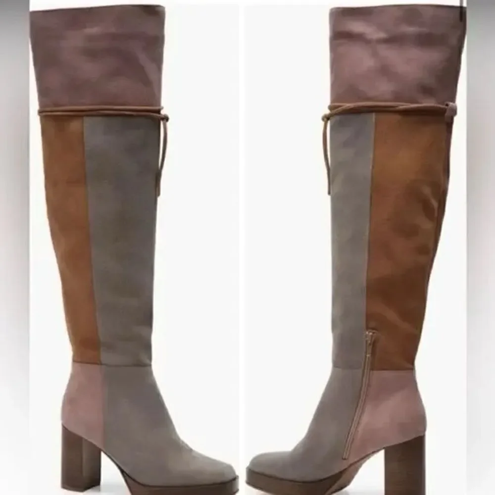 Free People Echo Platform Over-The-Knee Boots Soft Pieced Leather Patches US 7.5
